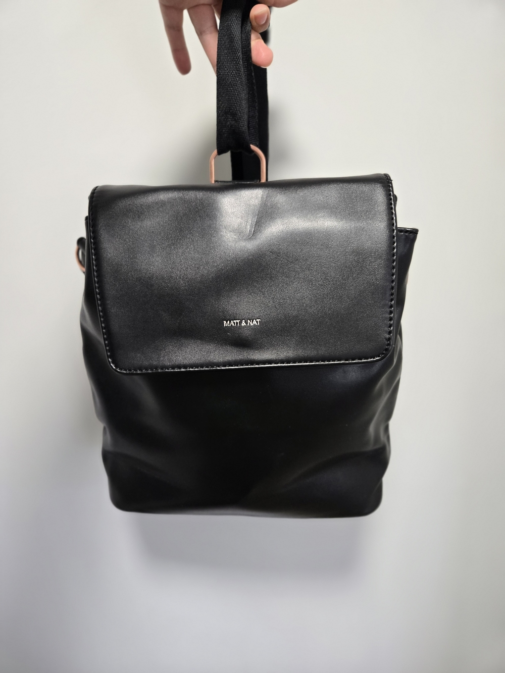 Matt & Nat Black Vegan Leather Backpack with Rose Gold Hardware